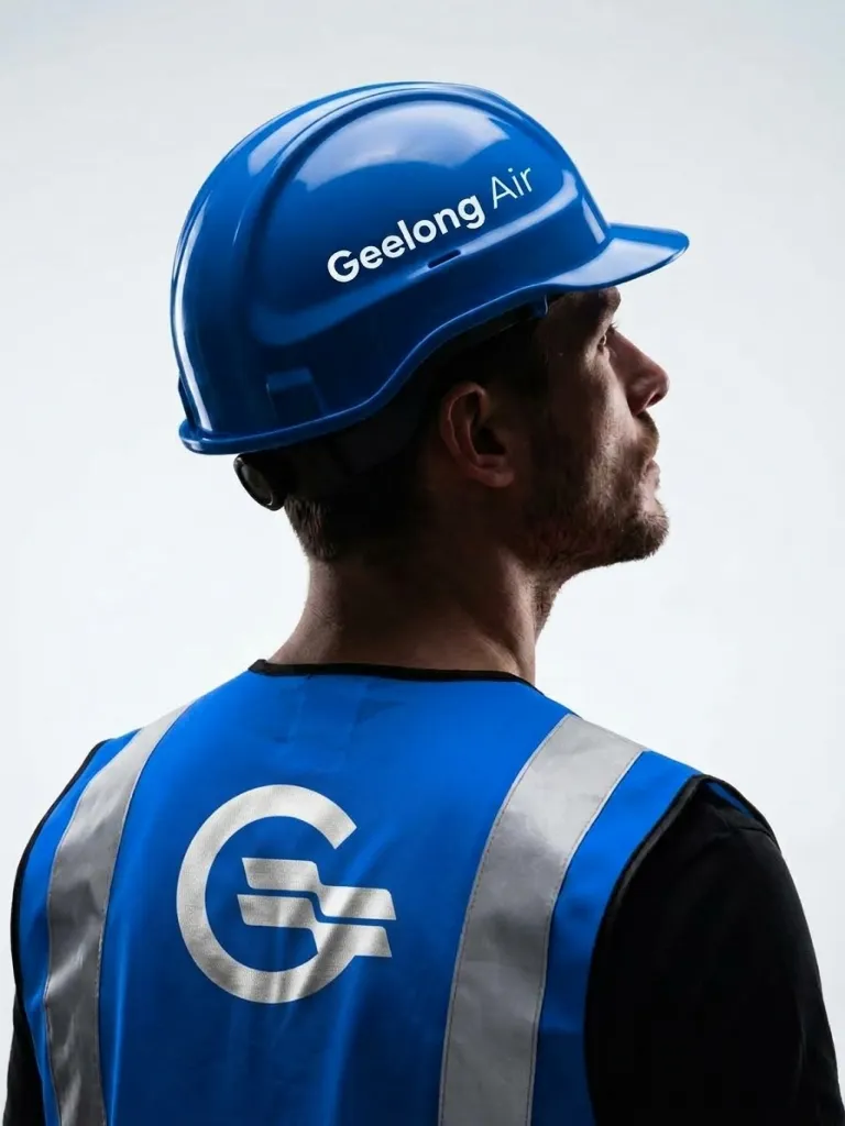 Worker in a Geelong Air hard hat and high-visibility vest
