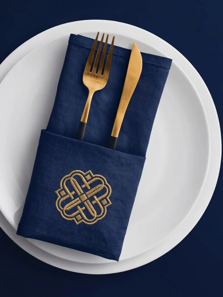 Navy napkin with a gold Mangia monogram, holding cutlery on a white plate